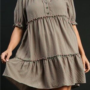 Umgee Plaid Frill Button Detail Ruffled Short Sleeve Dress